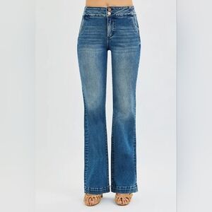 RISEN Full Size Tummy Control High Rise Bootcut Jeans with Double Button Waistba